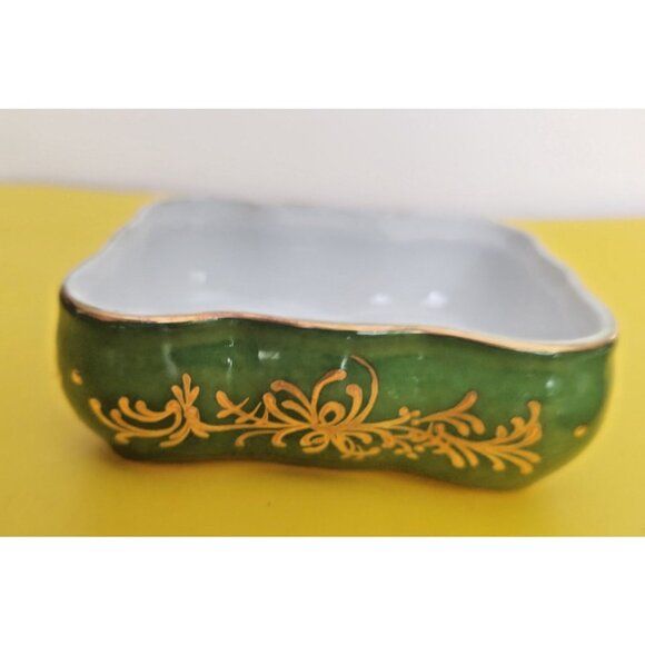 Vintage LIMOGES Lidded Porcelain Trinket Box 4.5" x 4" Green, Gold, Florals - Picture 7 of 13